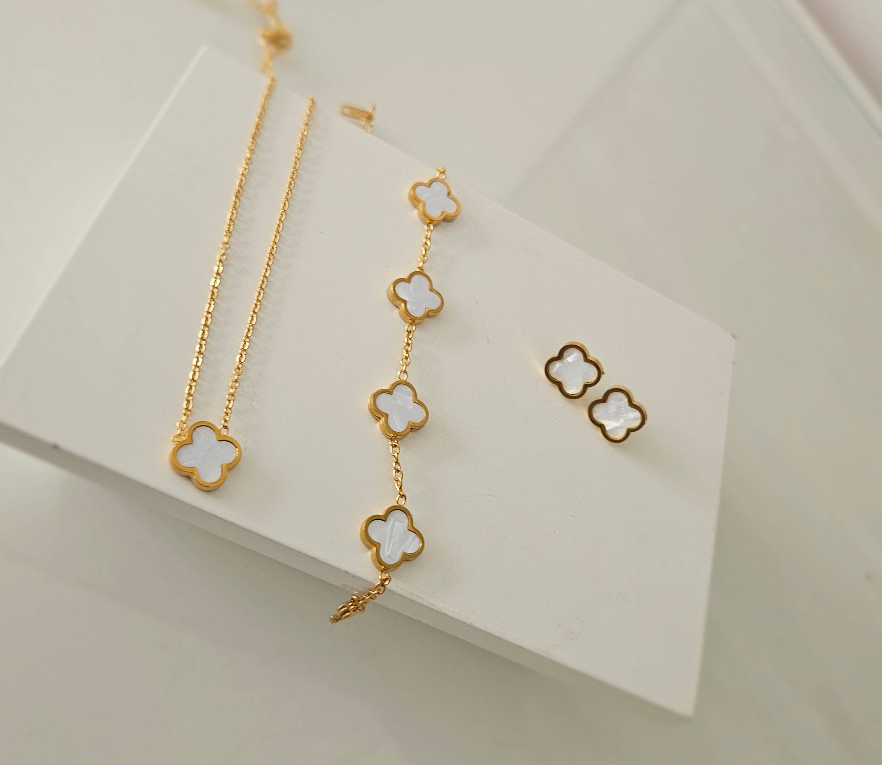 White Mother of Pearl Clover Jewellery Set - Bracelet, Necklace or Stud Earrings