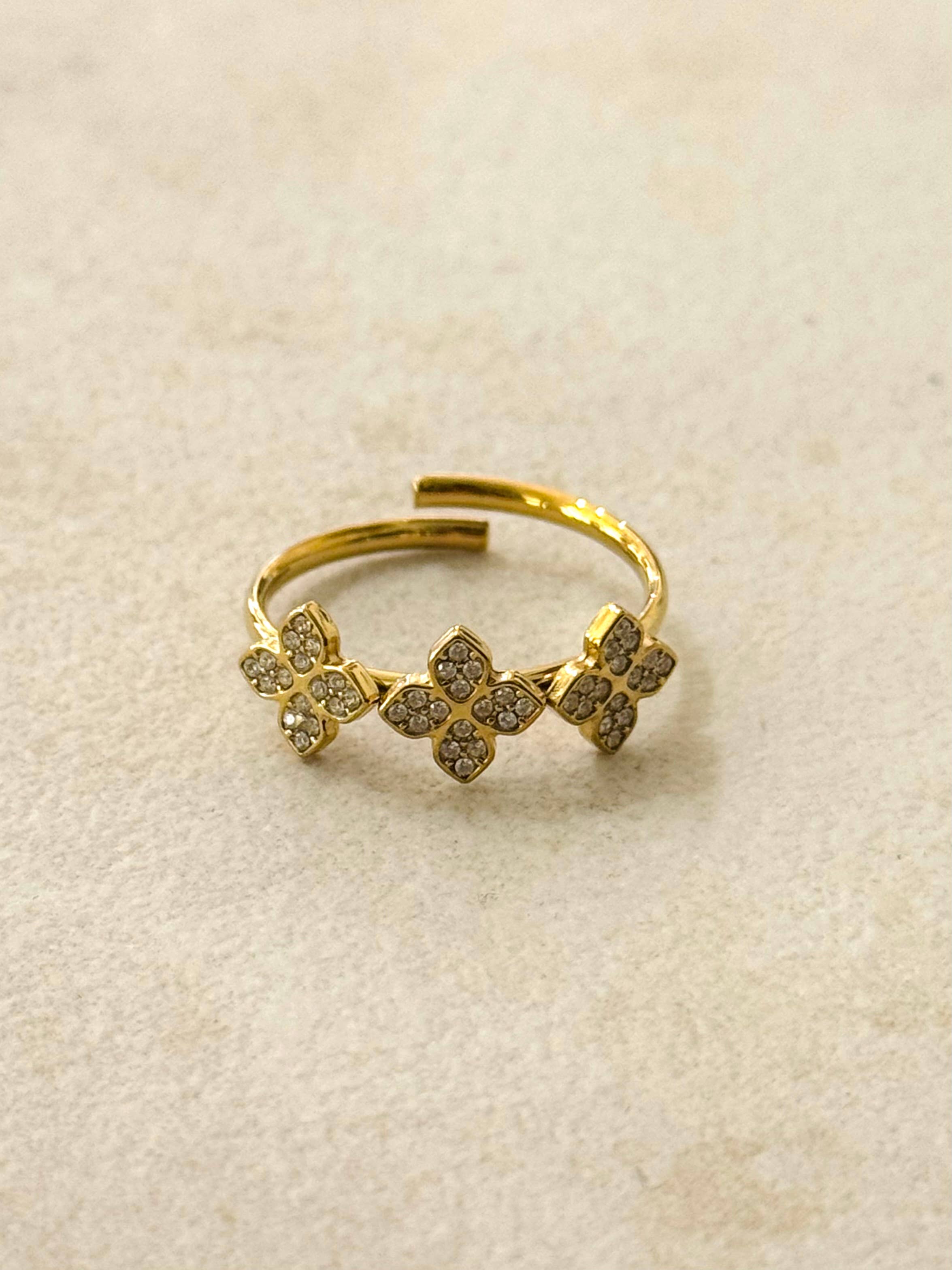 Adjustable Floral Ring w White Zirconias