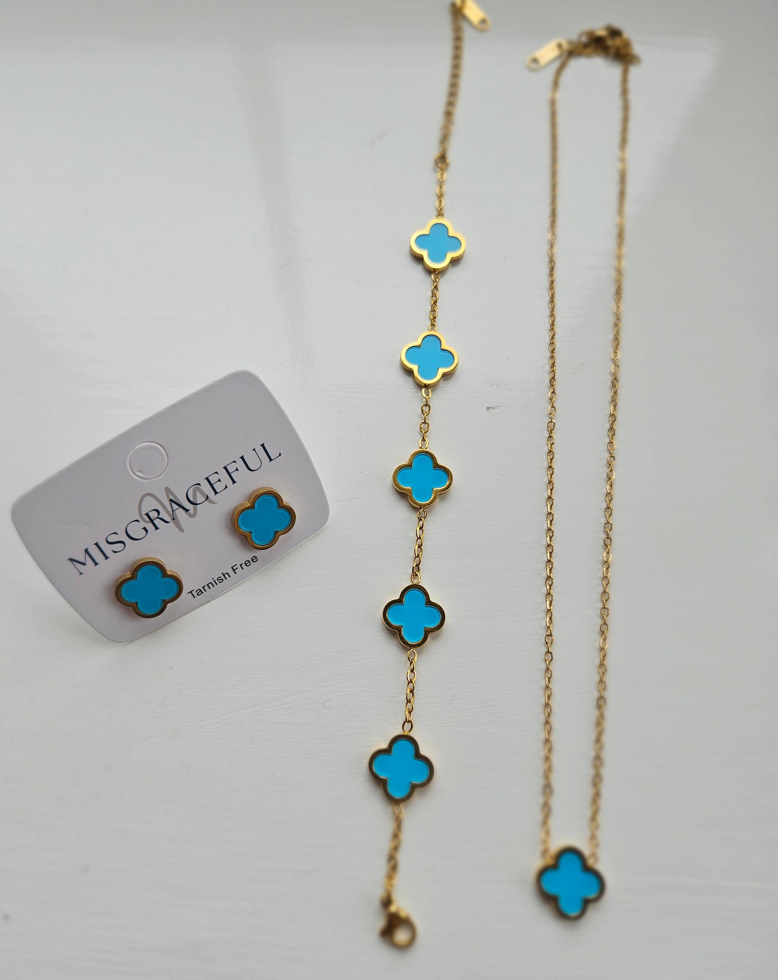 Turquoise Clover Jewellery Set - Bracelet, Necklace or Stud Earrings