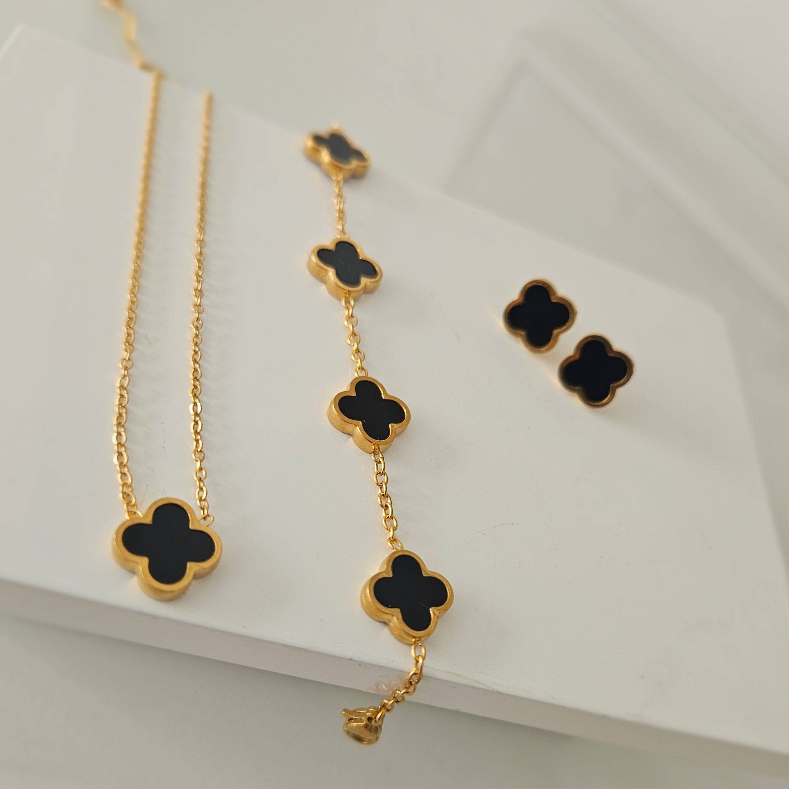 Black Clover Jewellery Set - Bracelet, Necklace or Stud Earrings