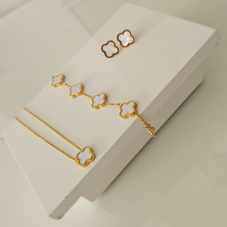 White Mother of Pearl Clover Jewellery Set - Bracelet, Necklace or Stud Earrings