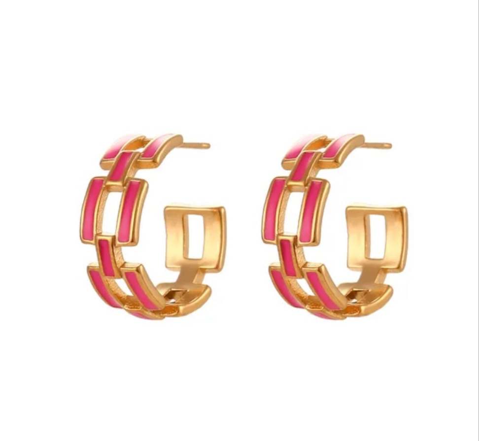 Enamel Chain Link Hoop Earrings - 6 Colours