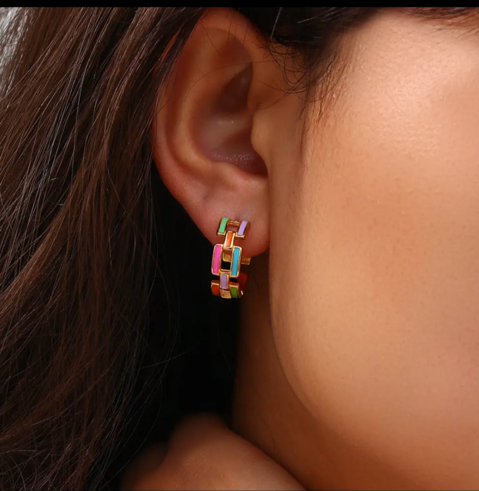 Enamel Chain Link Hoop Earrings - 6 Colours