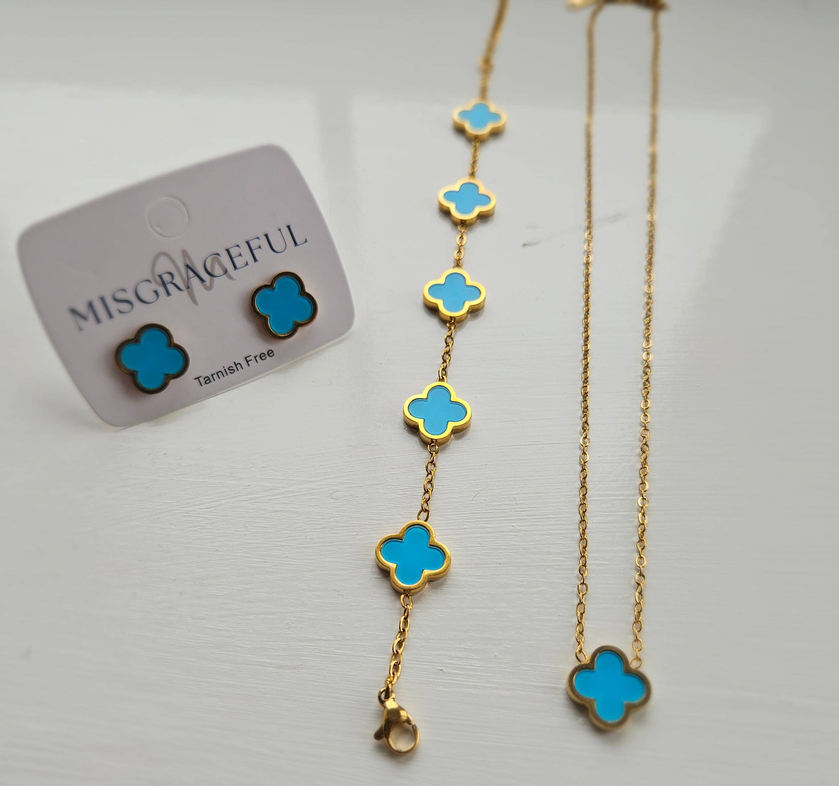 Turquoise Clover Jewellery Set - Bracelet, Necklace or Stud Earrings