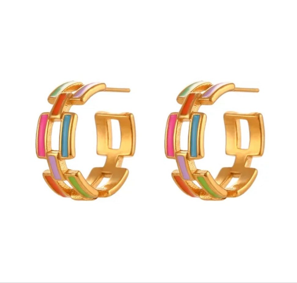 Enamel Chain Link Hoop Earrings - 6 Colours