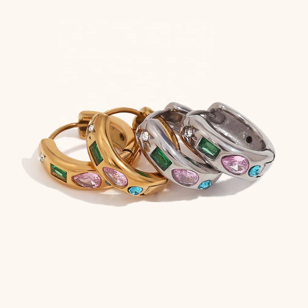 Colourful Huggie Hoop Earrings | Gold Plated Rainbow Crystal Hoops
