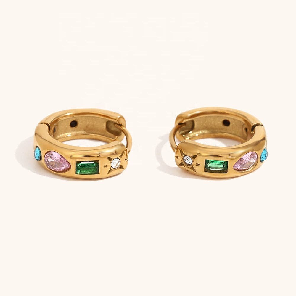 Colourful Huggie Hoop Earrings | Gold Plated Rainbow Crystal Hoops
