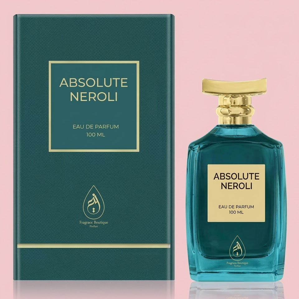 Absolute Neroli perfume bottle and packaging on a pink background