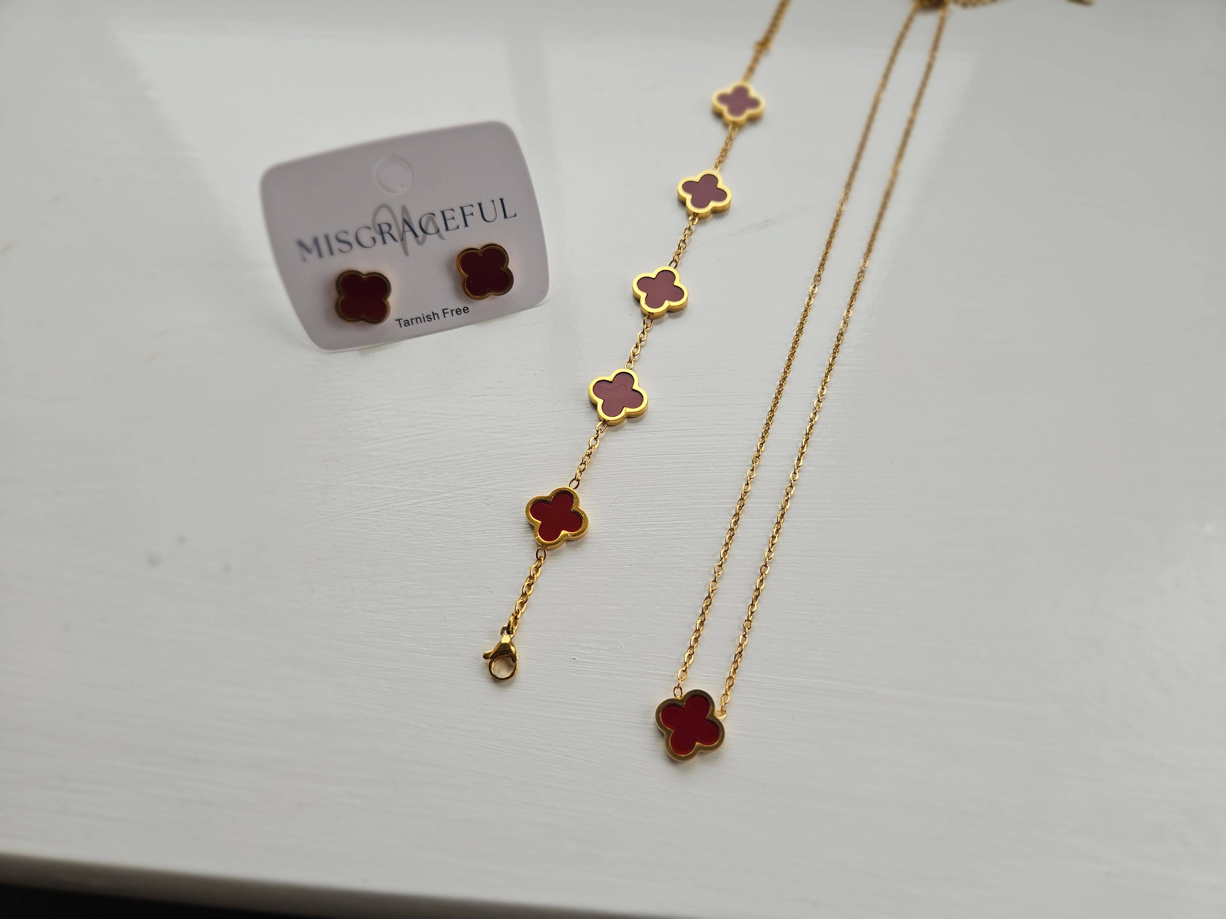 Burgundy Clover Jewellery Set | Bracelet, Necklace & Stud Earrings