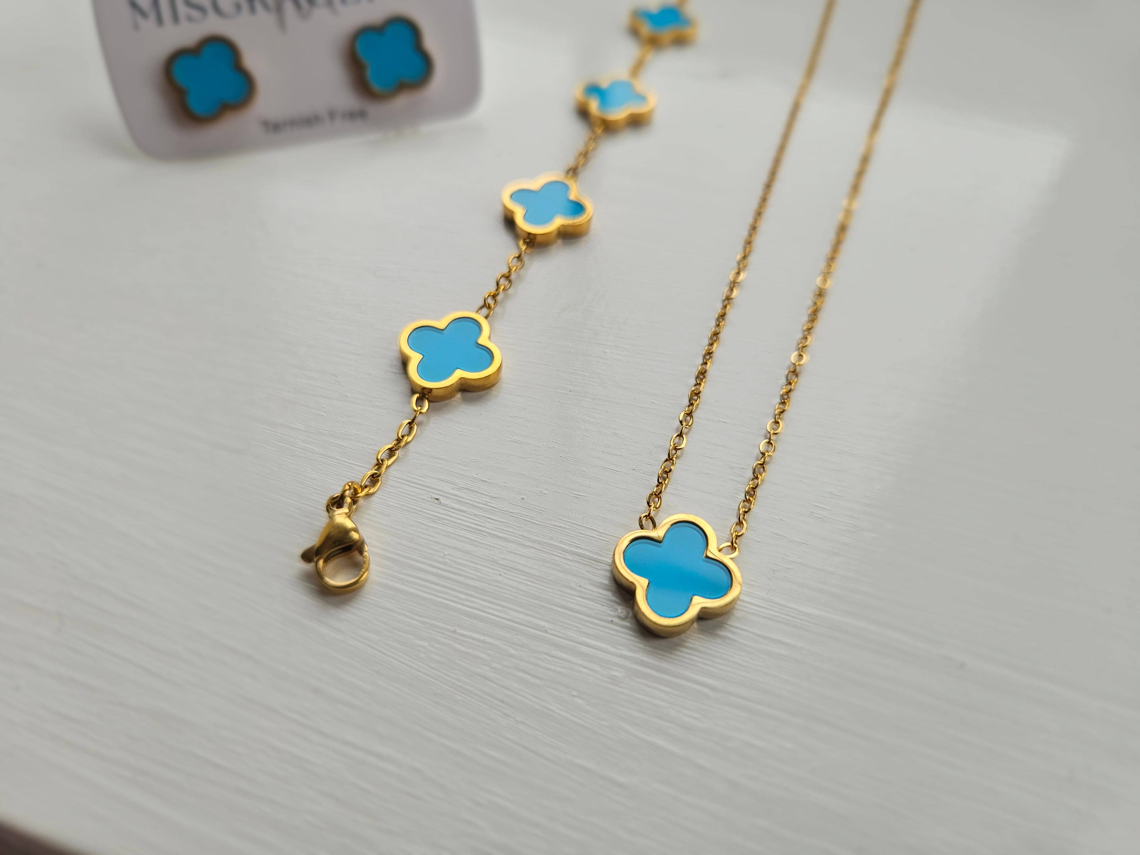 Turquoise Clover Jewellery Set - Bracelet, Necklace or Stud Earrings
