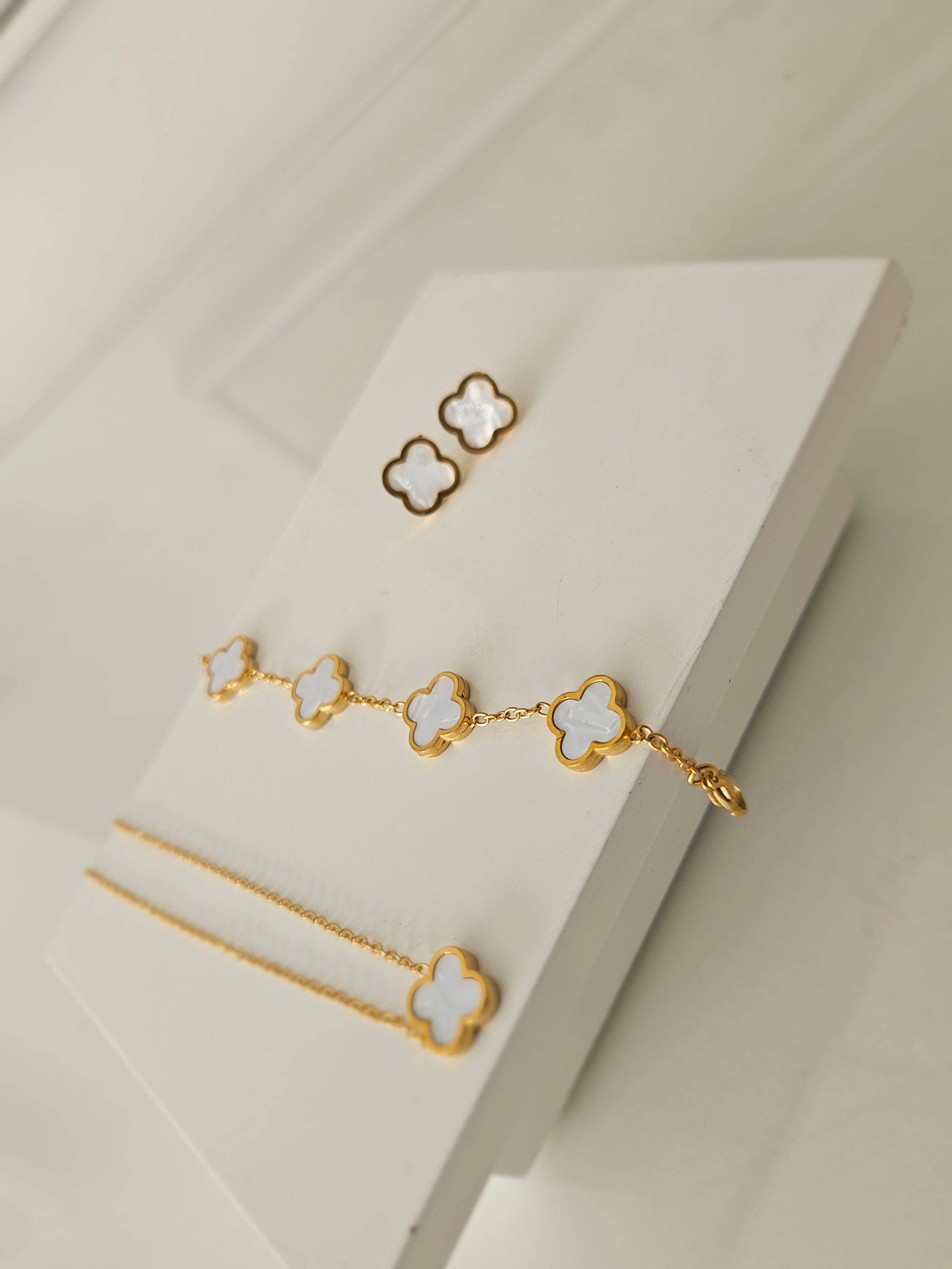 White Mother of Pearl Clover Jewellery Set - Bracelet, Necklace or Stud Earrings