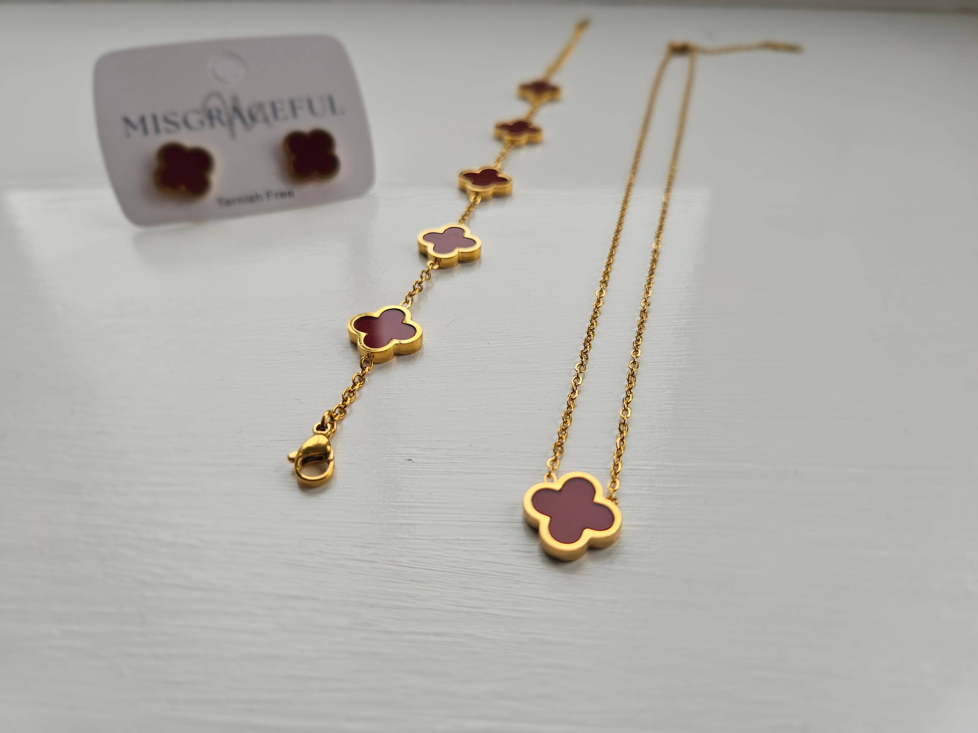 Burgundy Clover Jewellery Set | Bracelet, Necklace & Stud Earrings