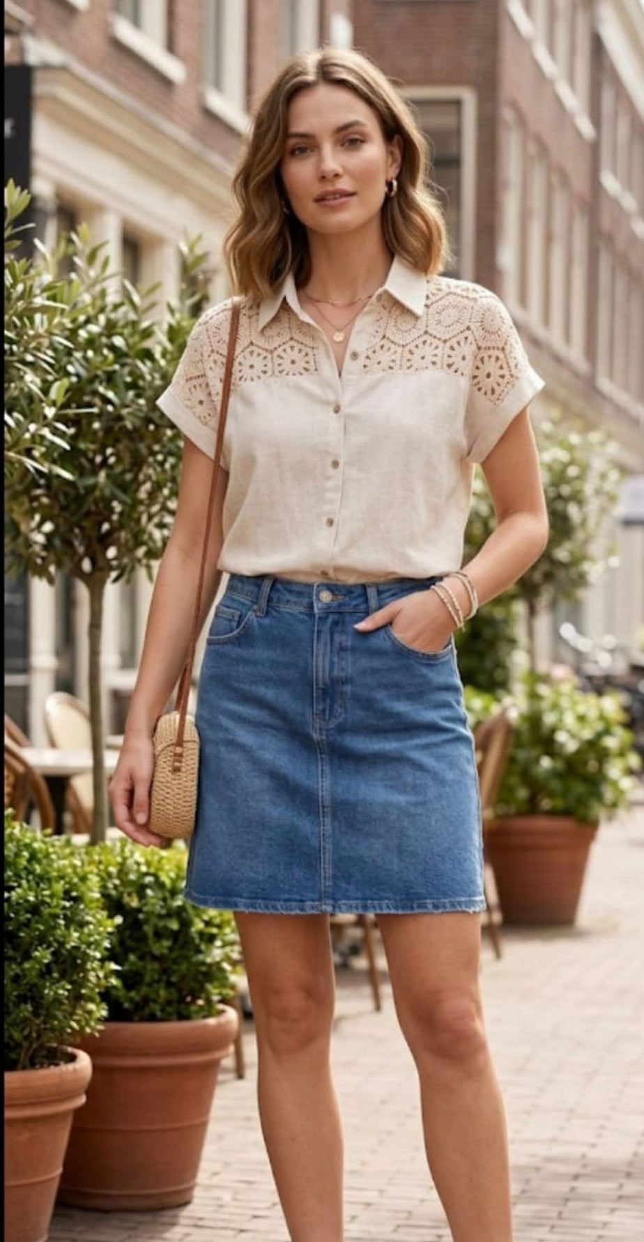 Woman wearing a white blouse with lace details and a blue denim skirt on a city street.