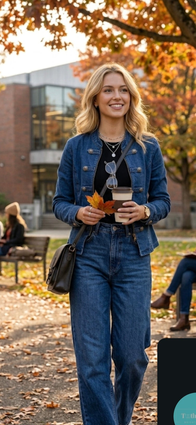 A woman walking outdoors on a leaf-strewn campus path wearing a blue denim jacket and matching wide-leg jeans, holding a coffee cup. The photo is shown within a phone app interface with a teal circle overlay and action buttons at the bottom.